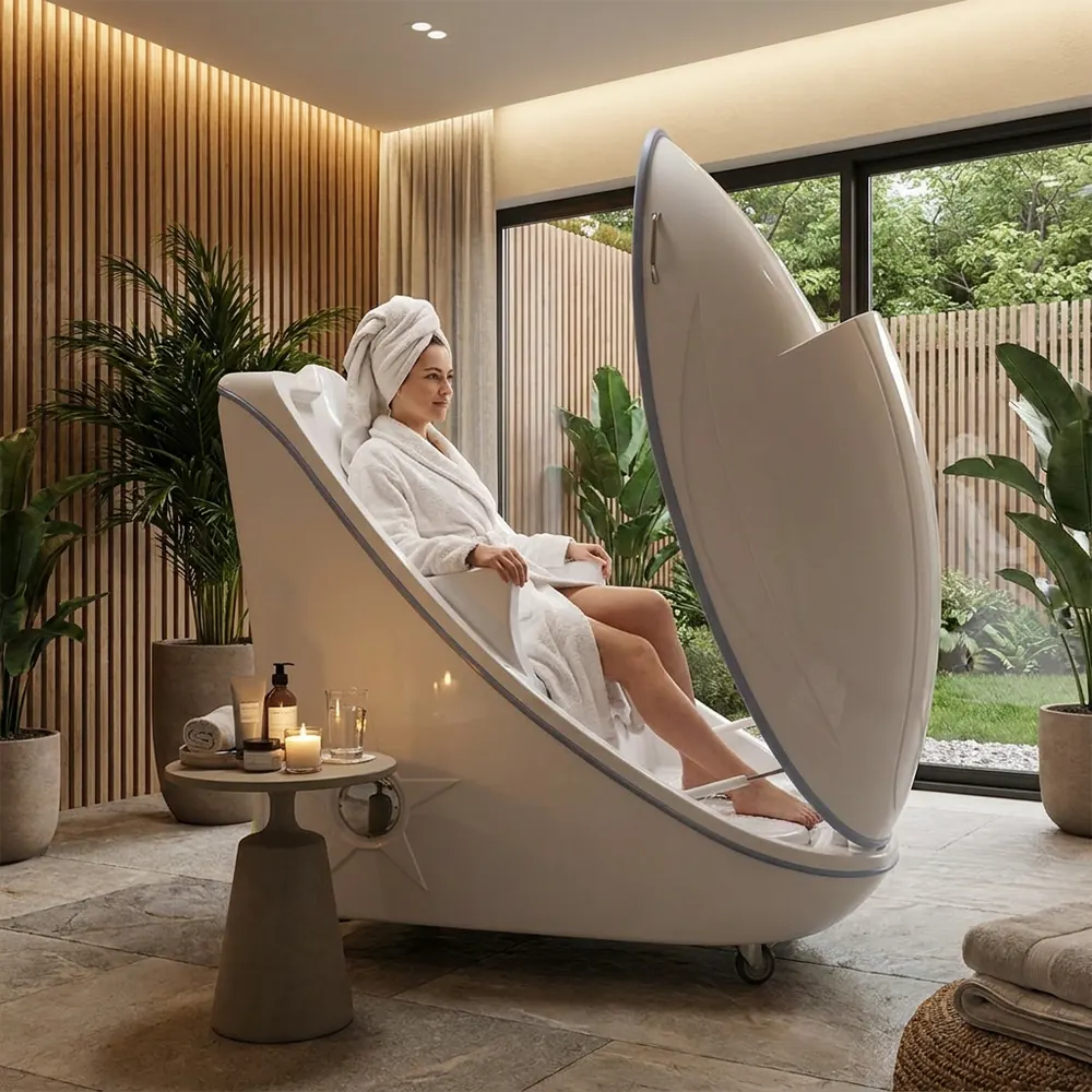 Woman in a robe relaxing in the Infrared Ozone Steam Sauna in a serene spa room overlooking a garden