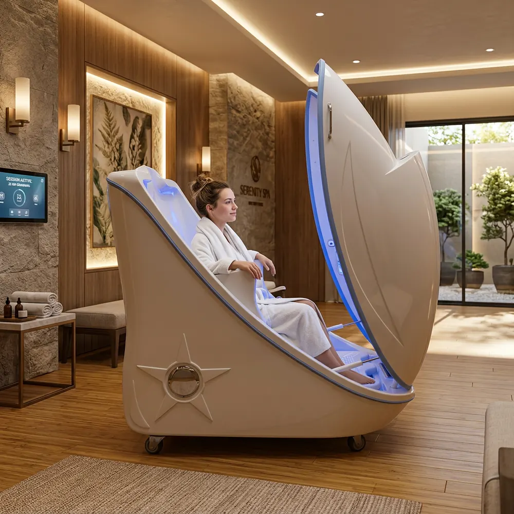 Woman in a robe reclining in the Infrared Ozone Steam Sauna inside a modern wellness center