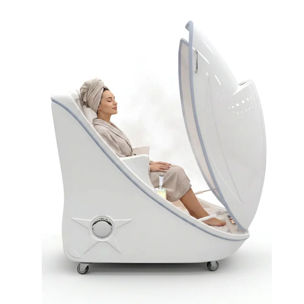 Studio view of the Infrared Ozone Steam Sauna capsule open with steam rising