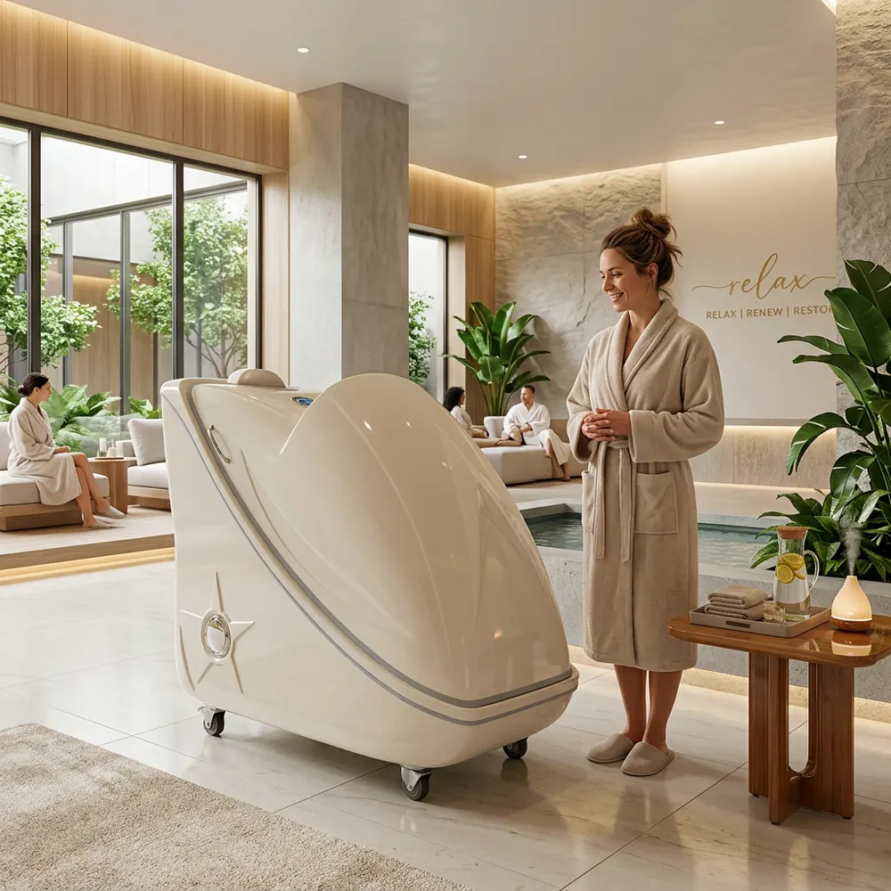 Woman in a robe beside the Infrared Ozone Steam Sauna in a luxury wellness center with a plunge pool