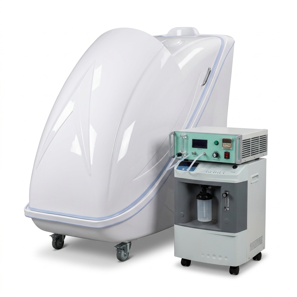 Infrared Ozone Steam Sauna capsule shown with the included WPS3 ozone generator and 5 LPM oxygen machine