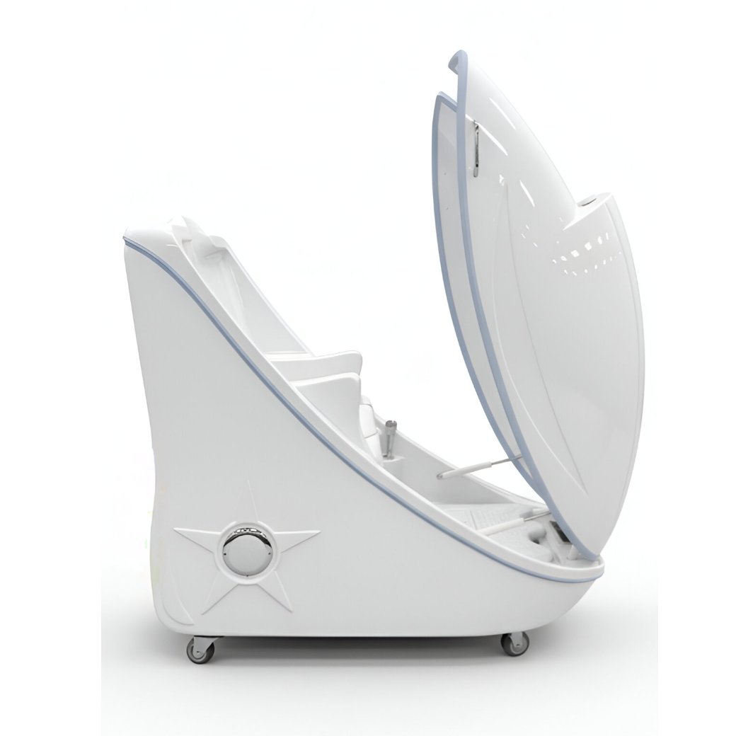 Infrared Ozone Steam Sauna capsule shown open with ergonomic seat